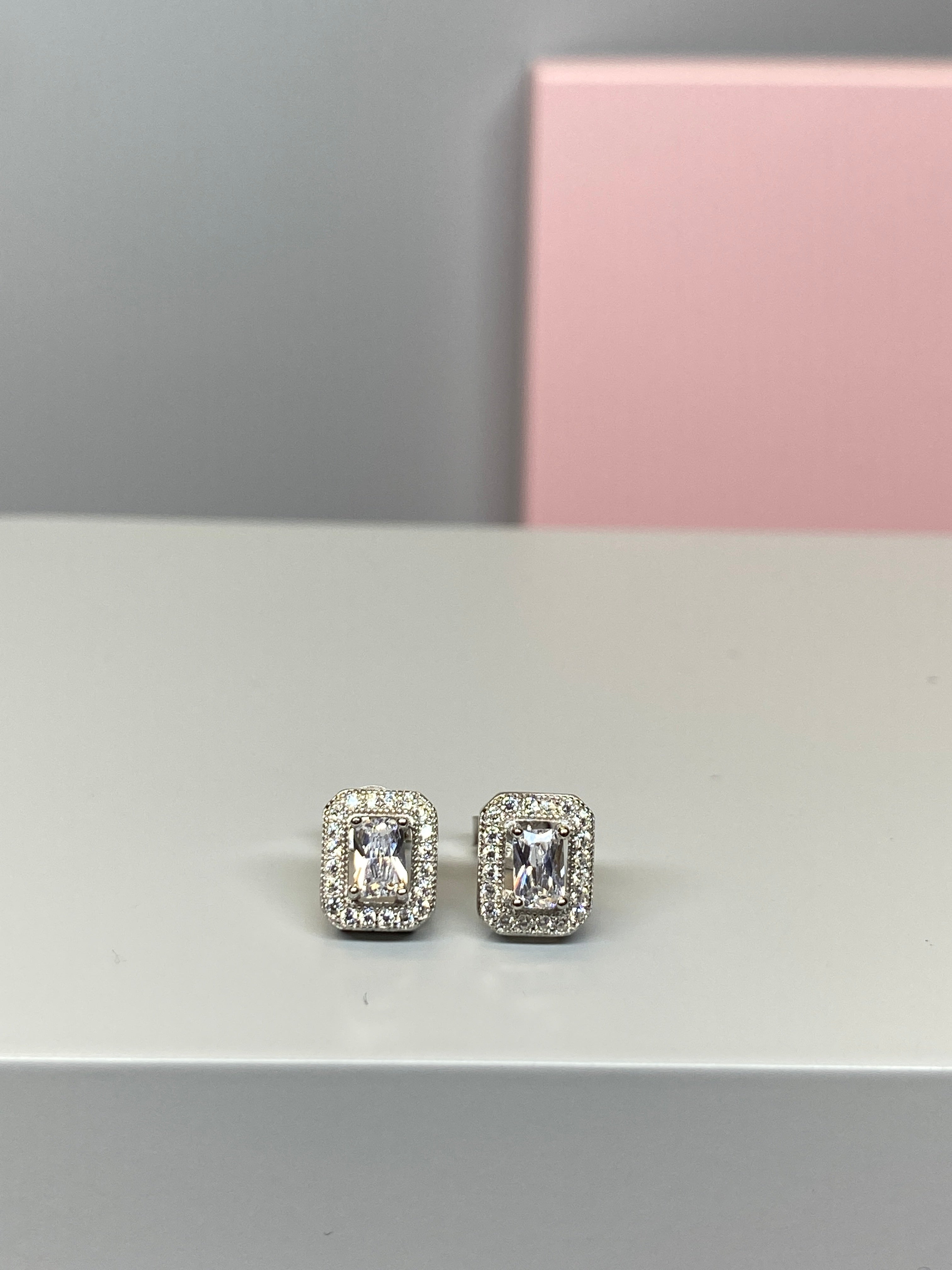 Sterling Silver Rectangle Halo CZ Earrings - 8.5mm - Hallmark Jewellers Formby & The Jewellers Bench Widnes