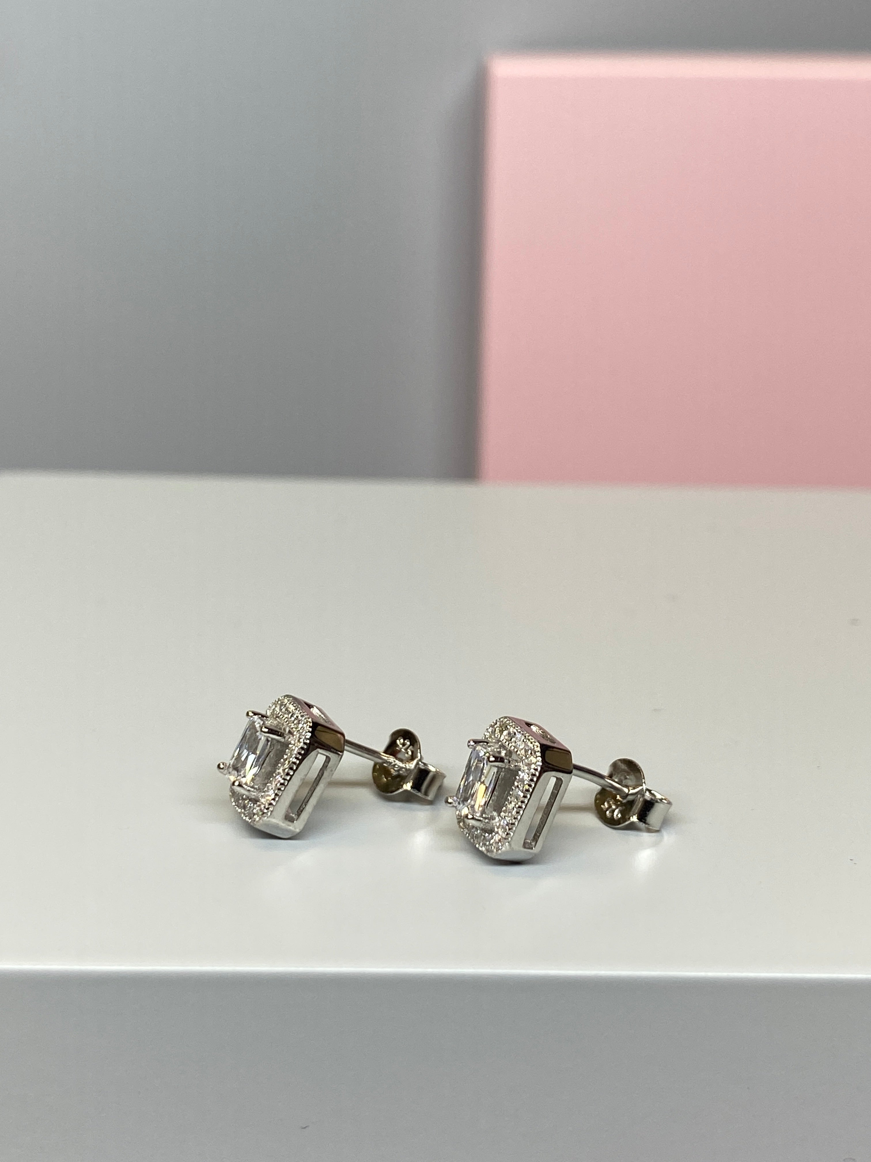 Sterling Silver Rectangle Halo CZ Earrings - 8.5mm - Hallmark Jewellers Formby & The Jewellers Bench Widnes