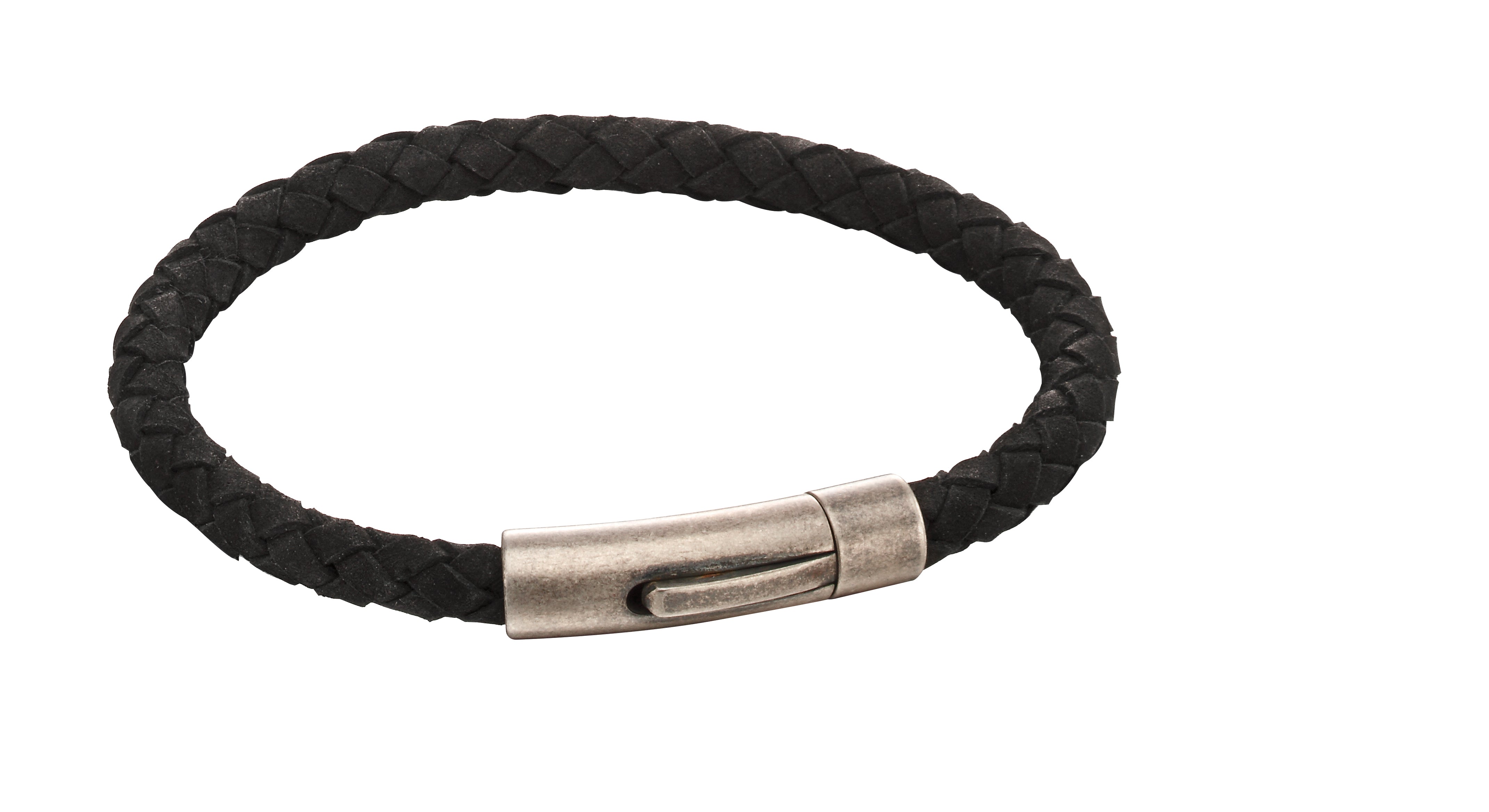 Stainless Steel & Black Woven Leather with Antique Silver Clasp Bracelet - FB0026 - Hallmark Jewellers Formby & The Jewellers Bench Widnes