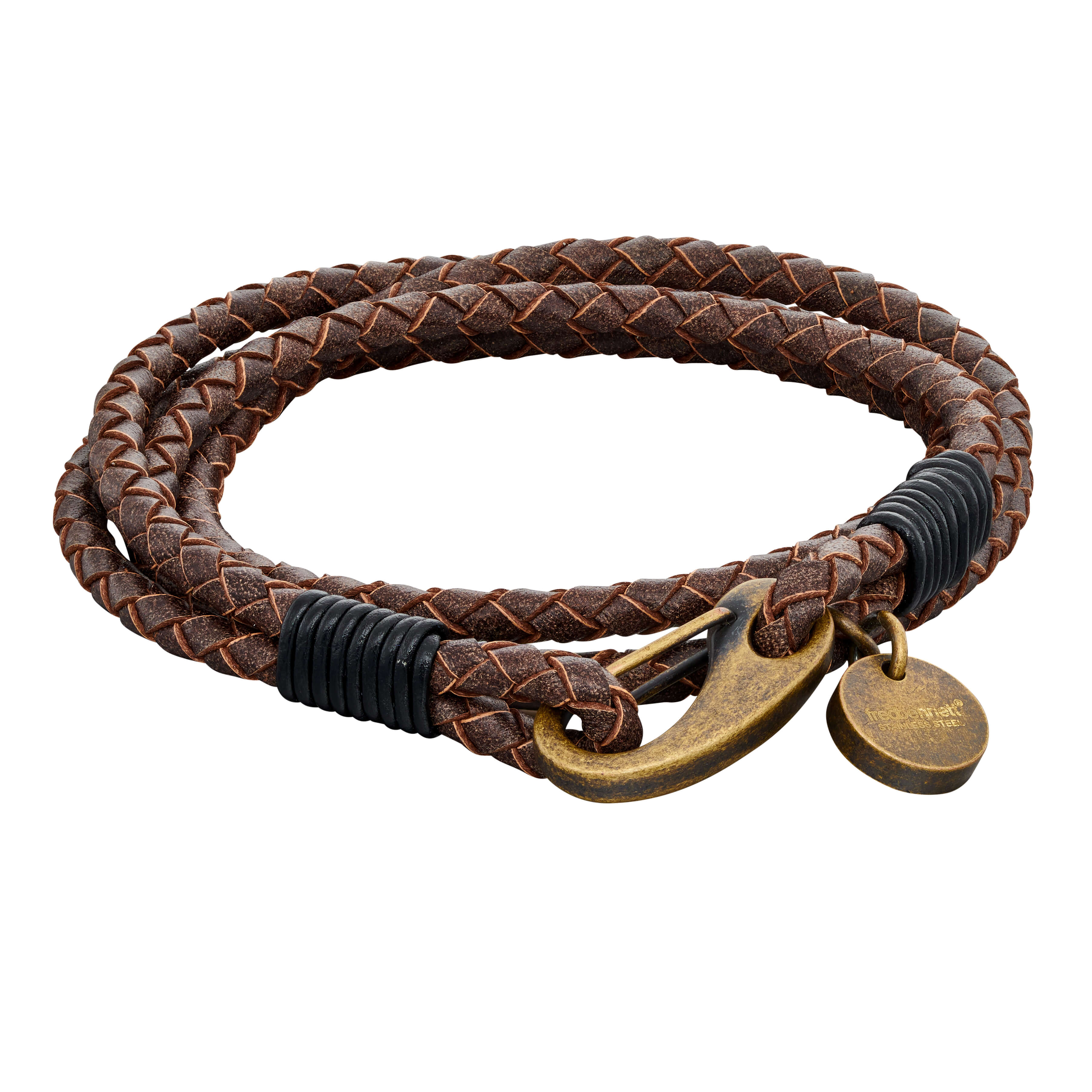 Stainless Steel & Brown Woven Leather Double Strand Bracelet - FB0010 - Hallmark Jewellers Formby & The Jewellers Bench Widnes