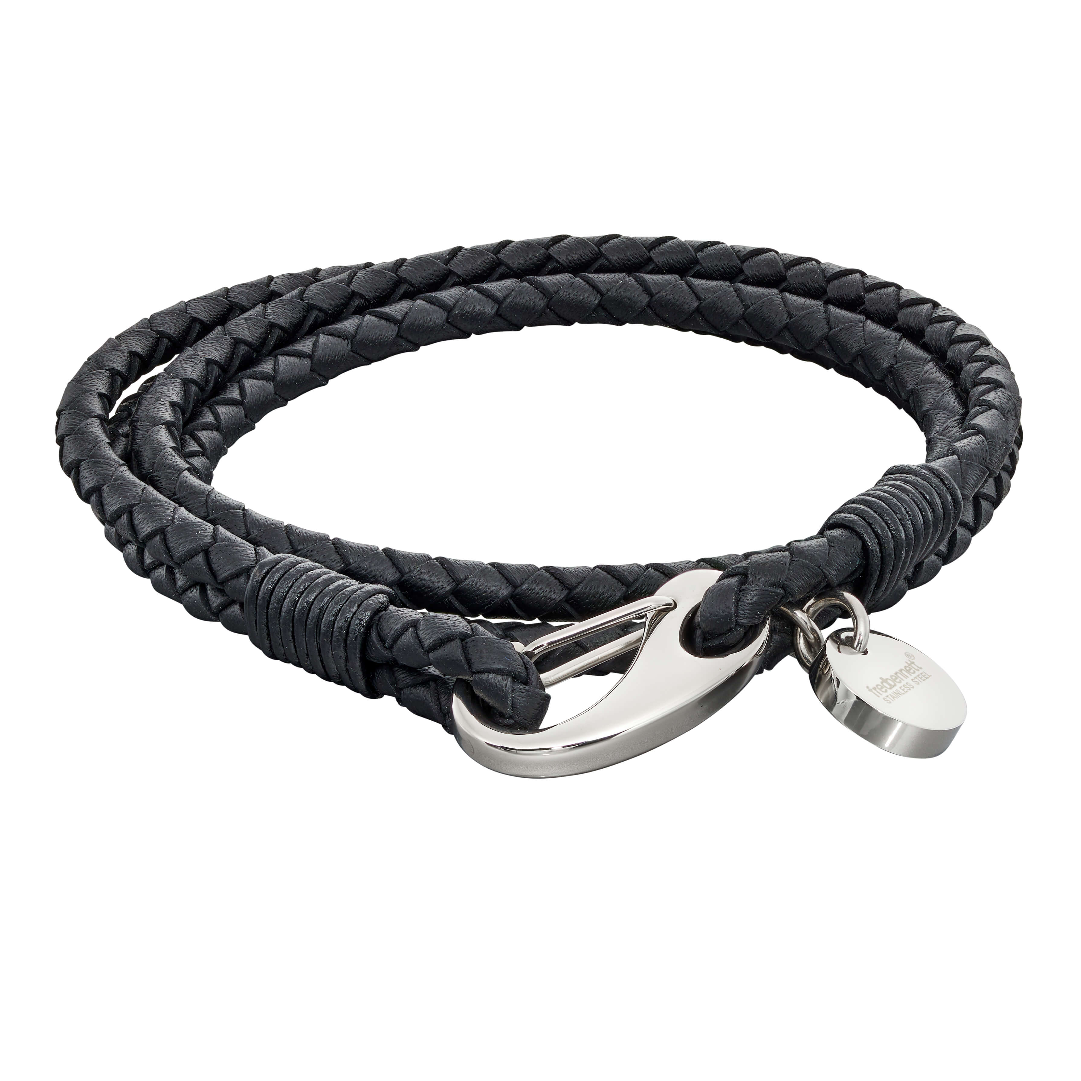 Stainless Steel & Black Woven Leather Double Strand Bracelet - FB0011 - Hallmark Jewellers Formby & The Jewellers Bench Widnes
