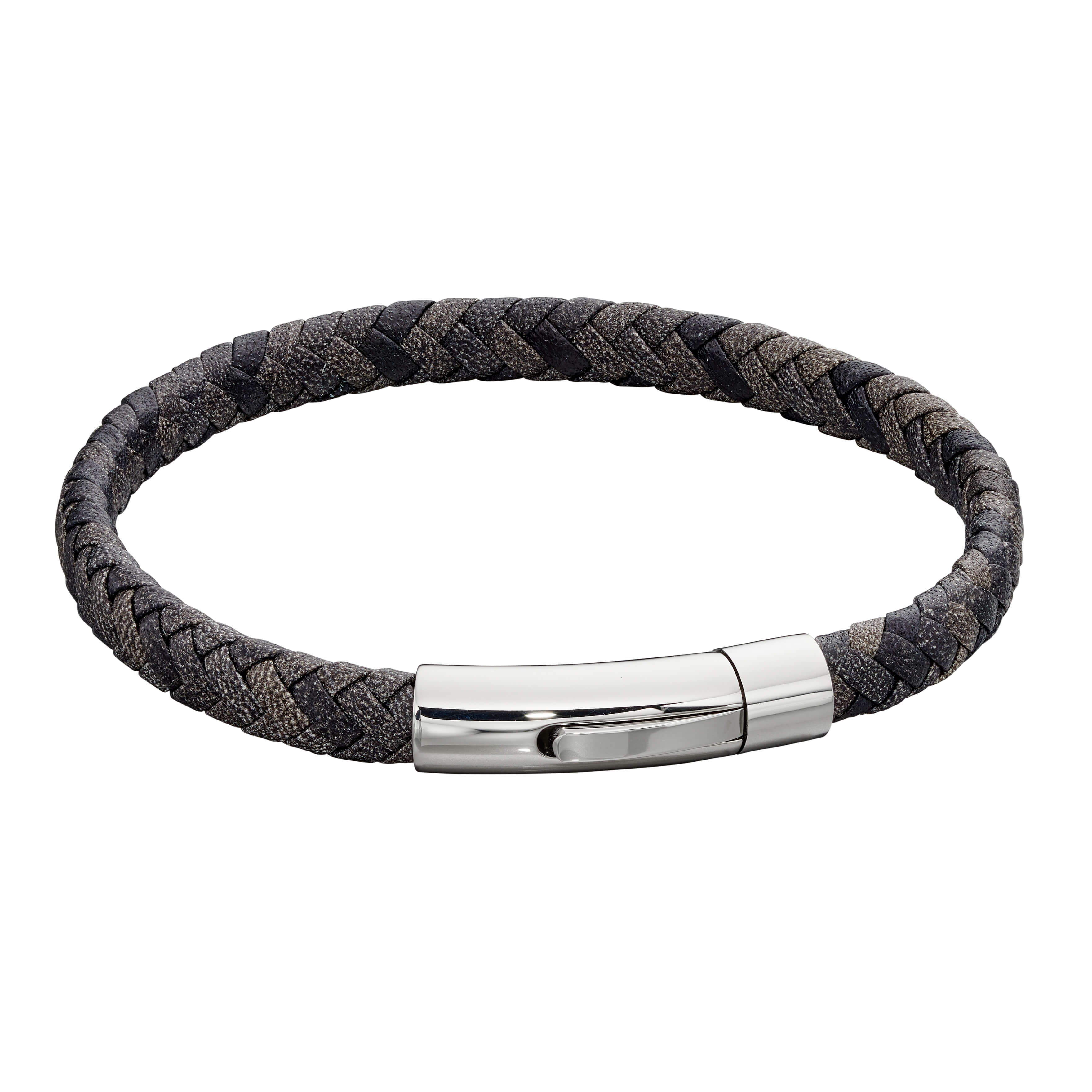 Stainless Steel & Grey Woven Leather Bracelet - FB0002 - Hallmark Jewellers Formby & The Jewellers Bench Widnes