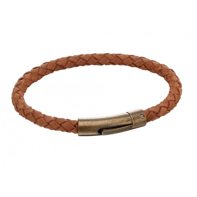 Stainless Steel & Brown Woven Leather with Antique Gold Clasp Bracelet - FB0030 - Hallmark Jewellers Formby & The Jewellers Bench Widnes
