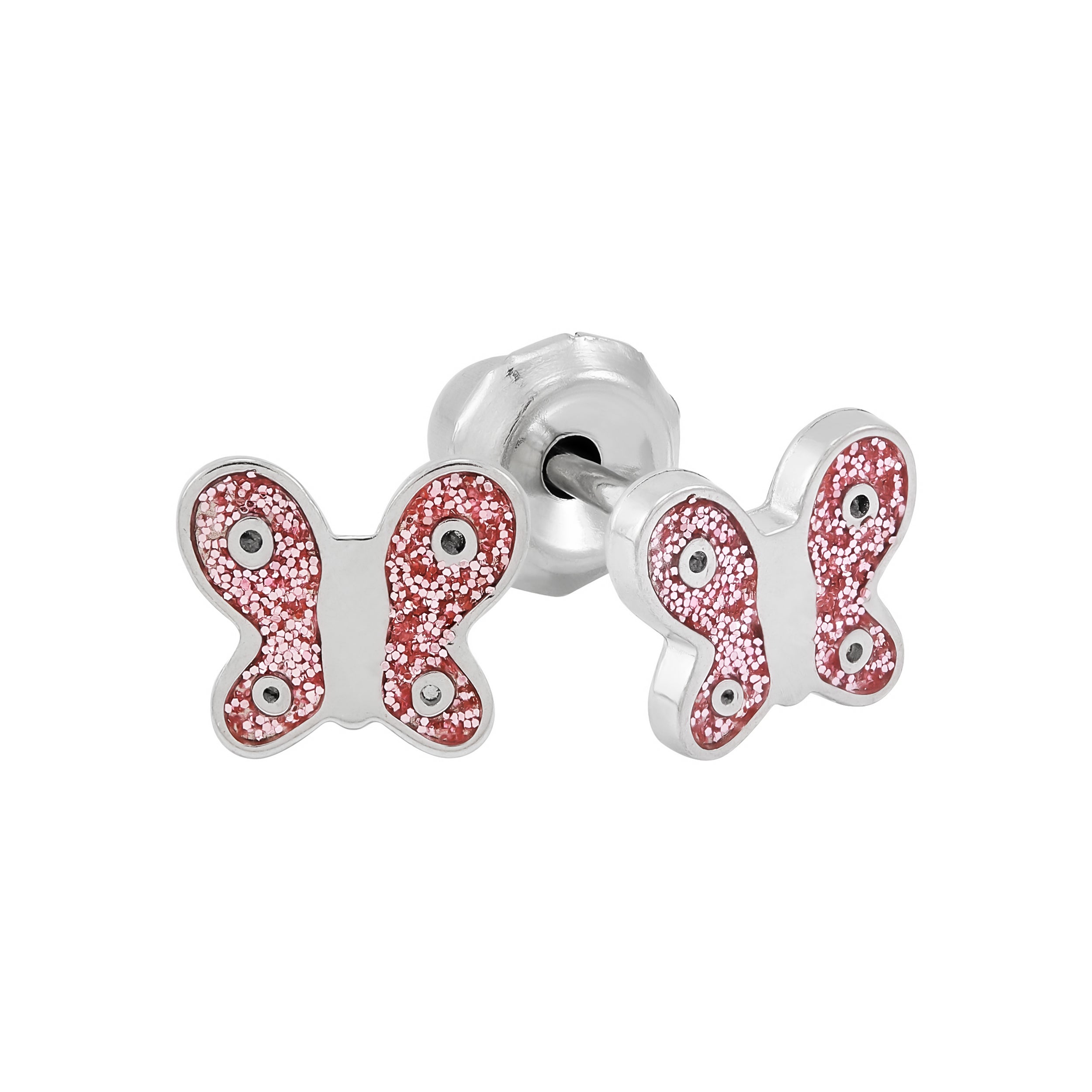Medical Grade Stainless Steel POL 6mm Butterfly Glitter Pink Enamel - 008C