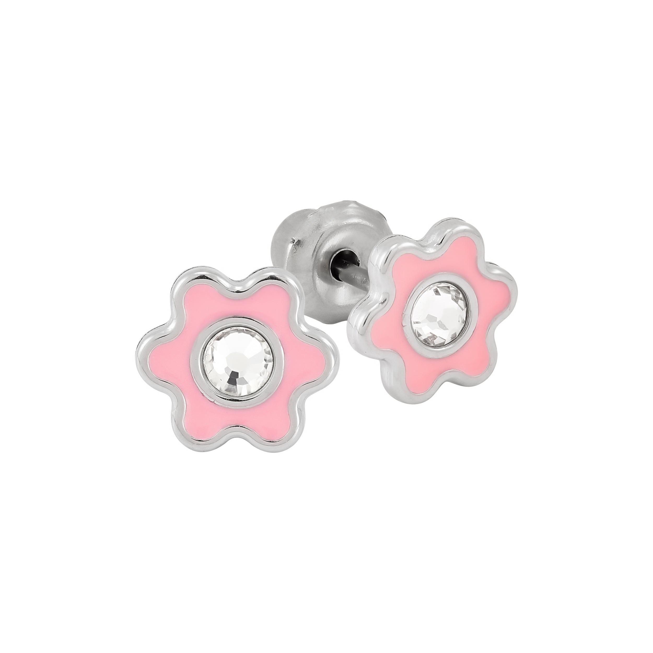 Medical Grade Stainless Steel POL 6mm Flower Pink with Crystal - 009C