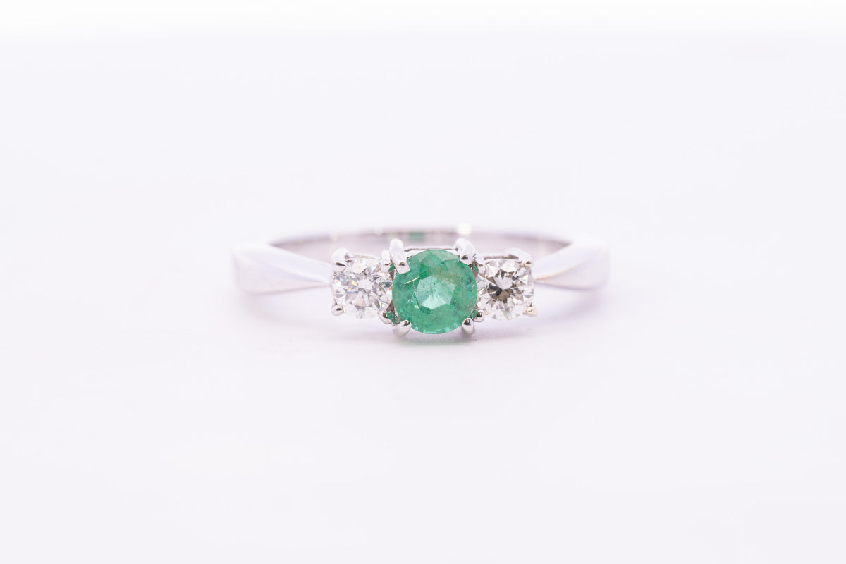 9ct White Gold Emerald & Diamond Three Stone Ring - AM4058