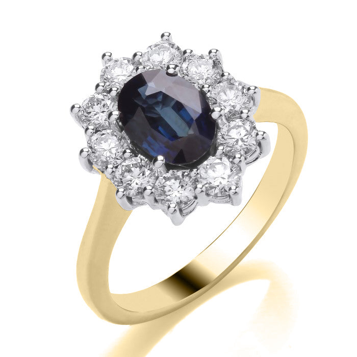 9ct Yellow Gold Blue Sapphire & Diamond Cluster Ring - AM4092