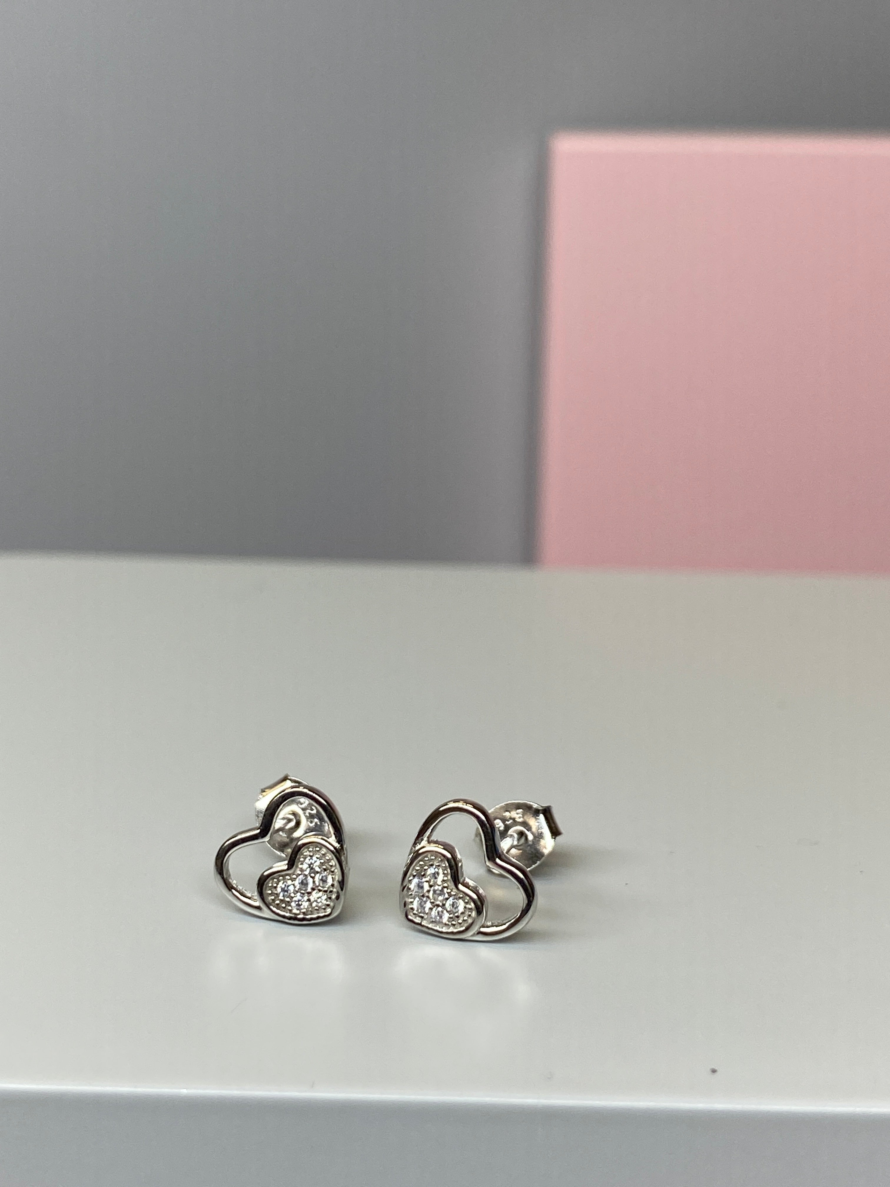 Sterling Silver Double Heart CZ Earrings - 8mm - Hallmark Jewellers Formby & The Jewellers Bench Widnes