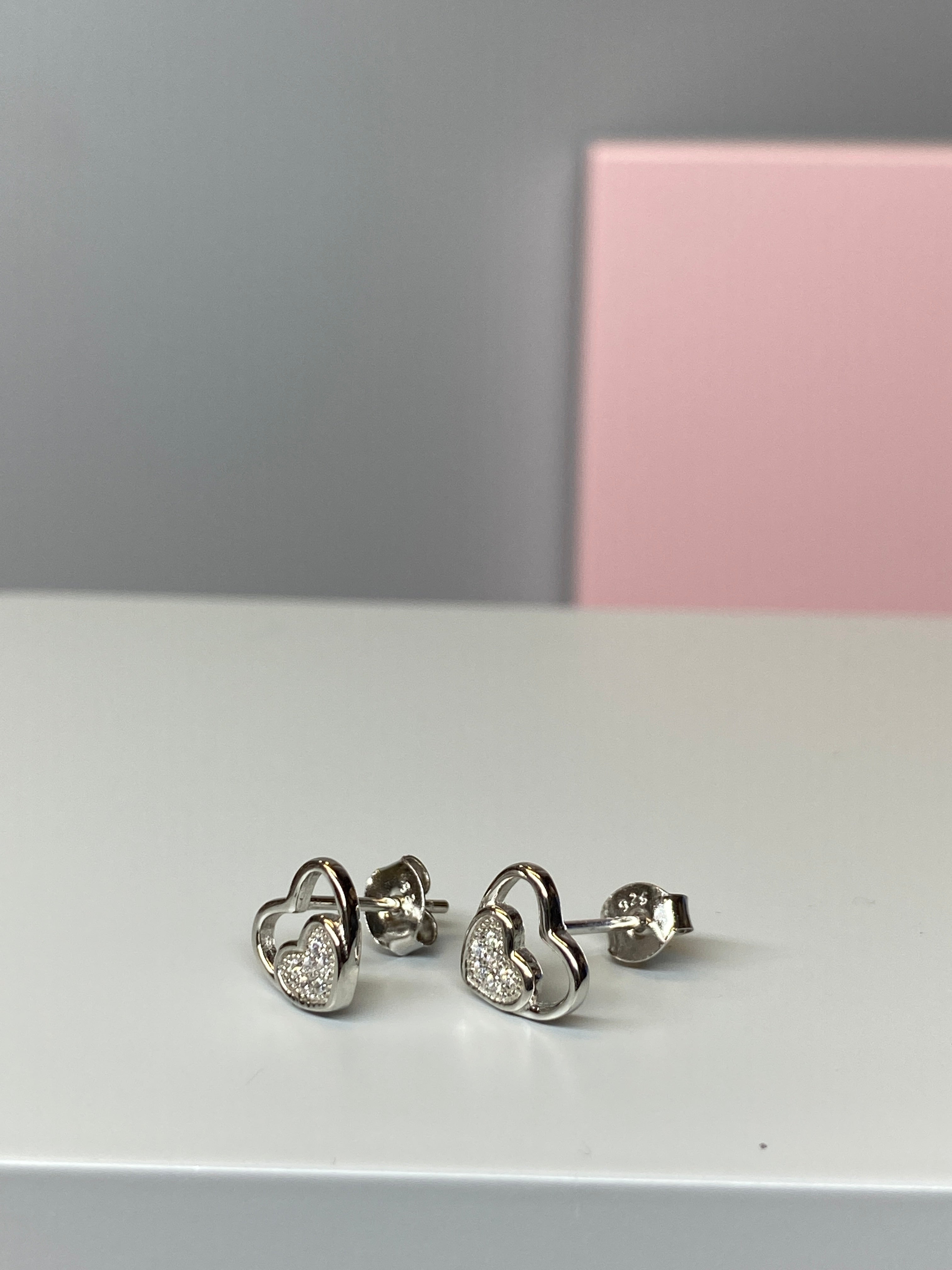 Sterling Silver Double Heart CZ Earrings - 8mm - Hallmark Jewellers Formby & The Jewellers Bench Widnes