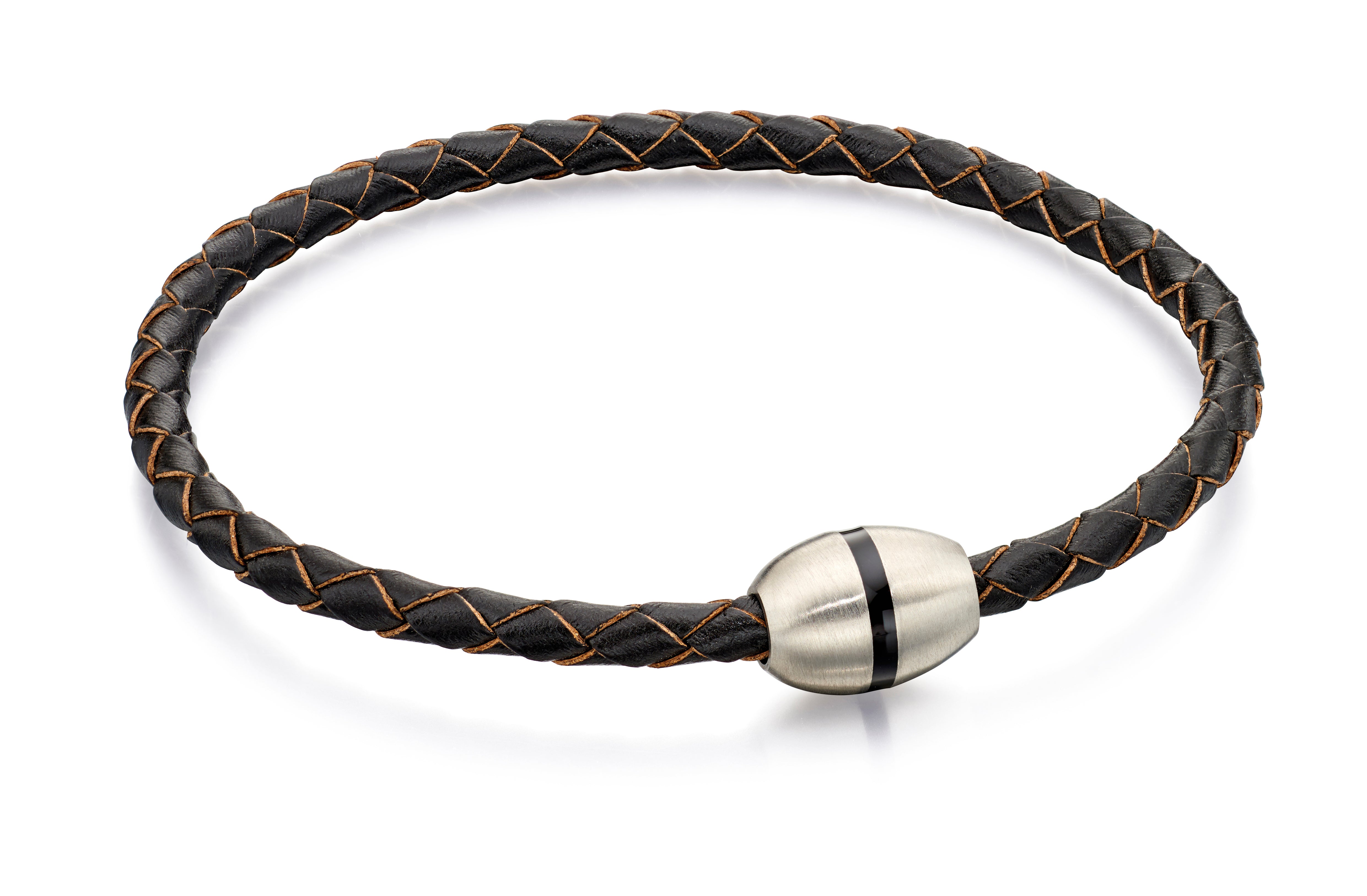 Brushed Stainless Steel & Dark Brown Leather Bracelet - FB0017 - Hallmark Jewellers Formby & The Jewellers Bench Widnes