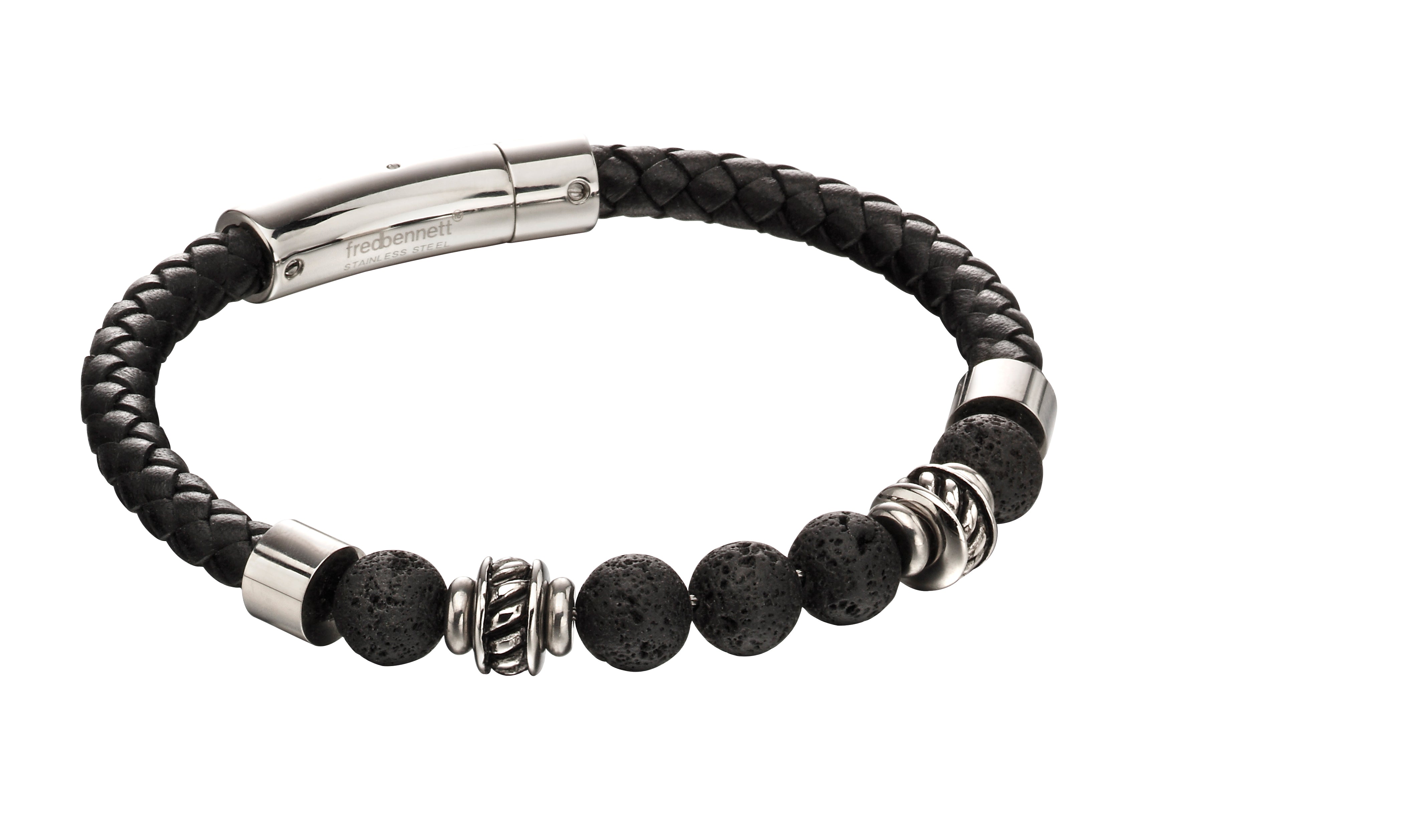 Stainless Steel & Black Leather with Lava Stones Bracelet - FB0007 - Hallmark Jewellers Formby & The Jewellers Bench Widnes