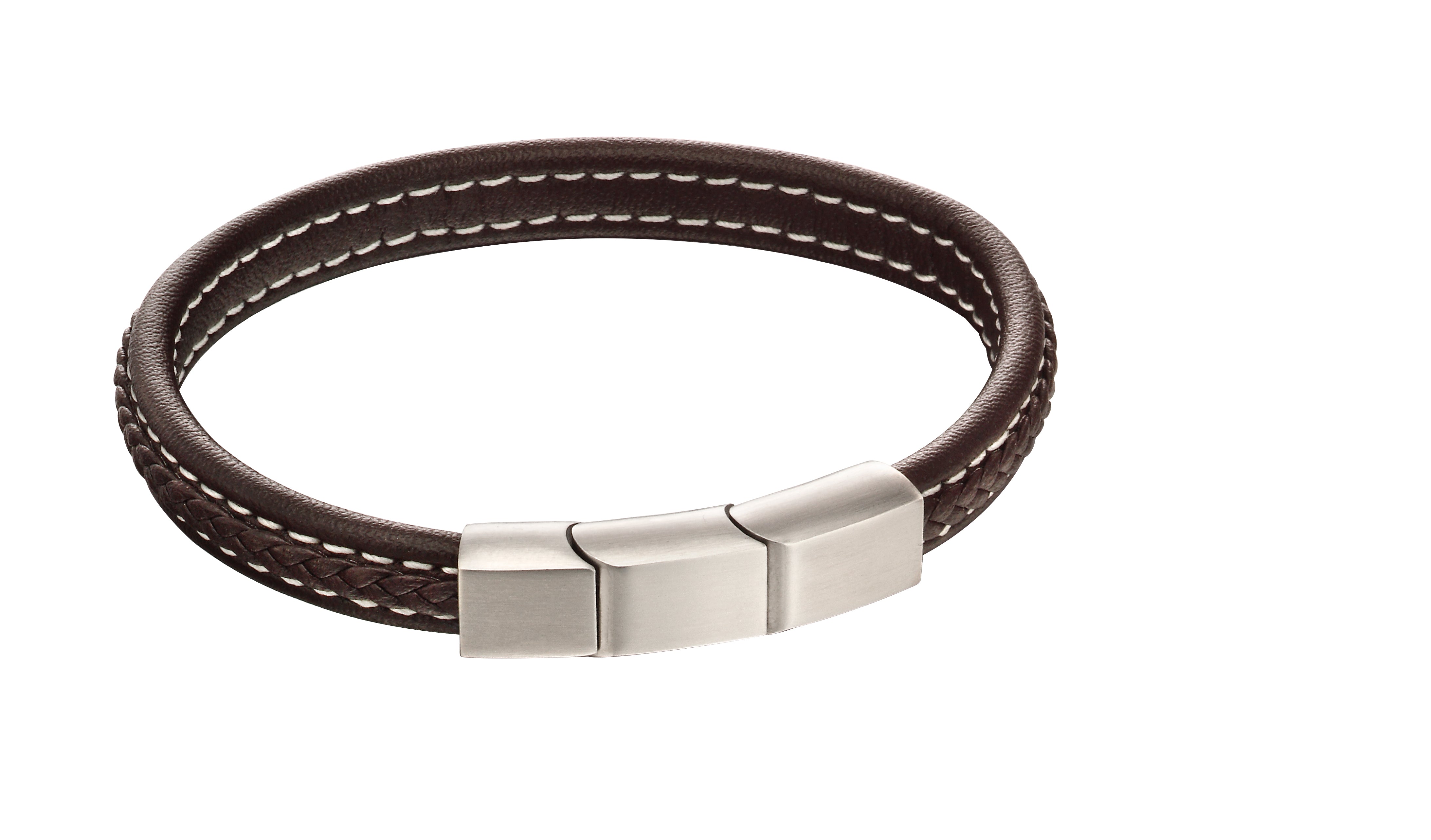Stainless Steel & Brown Plaited Leather Bracelet - FB0016 - Hallmark Jewellers Formby & The Jewellers Bench Widnes