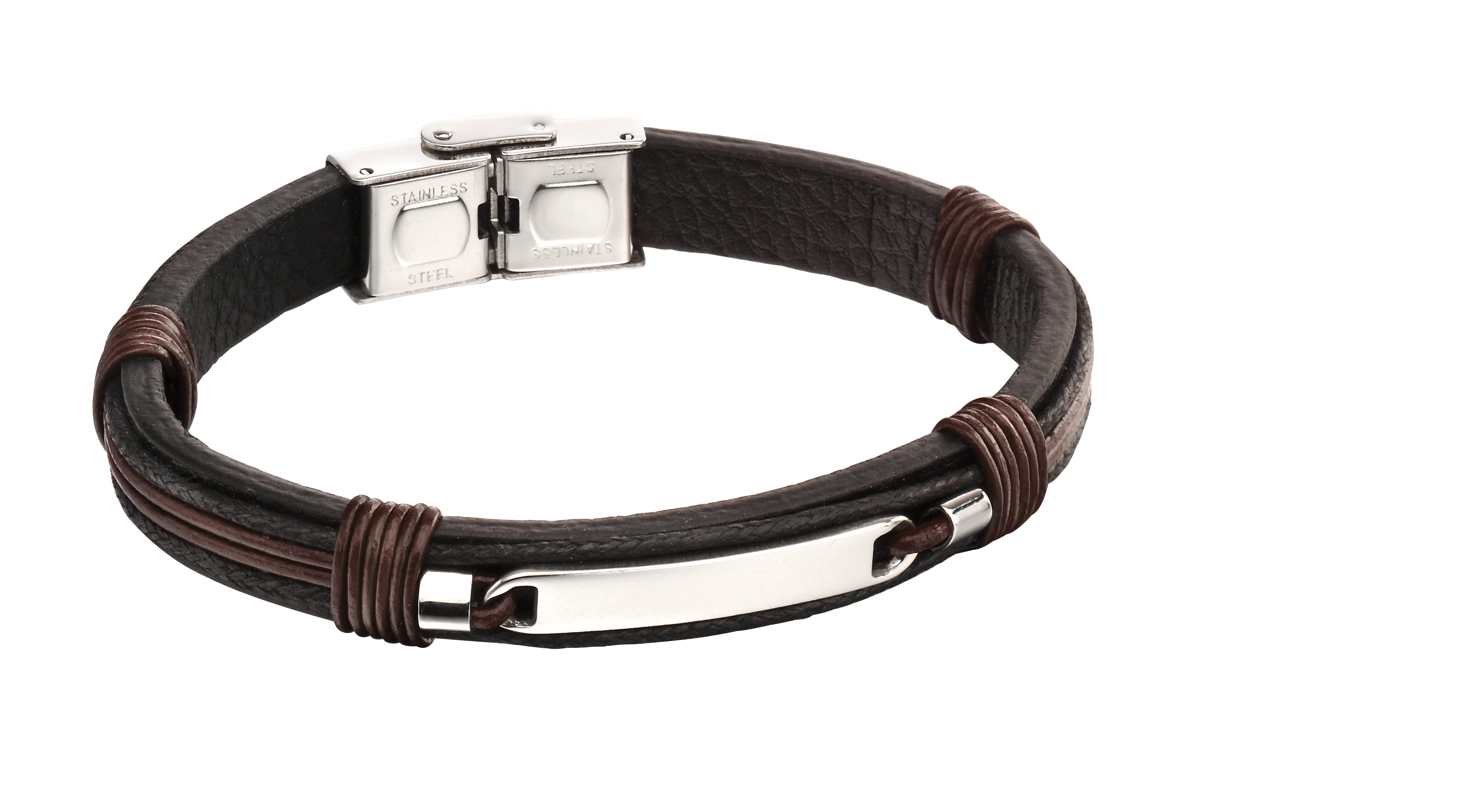 Stainless Steel & Brown Leather Engravable ID Bracelet - FB0006 - Hallmark Jewellers Formby & The Jewellers Bench Widnes