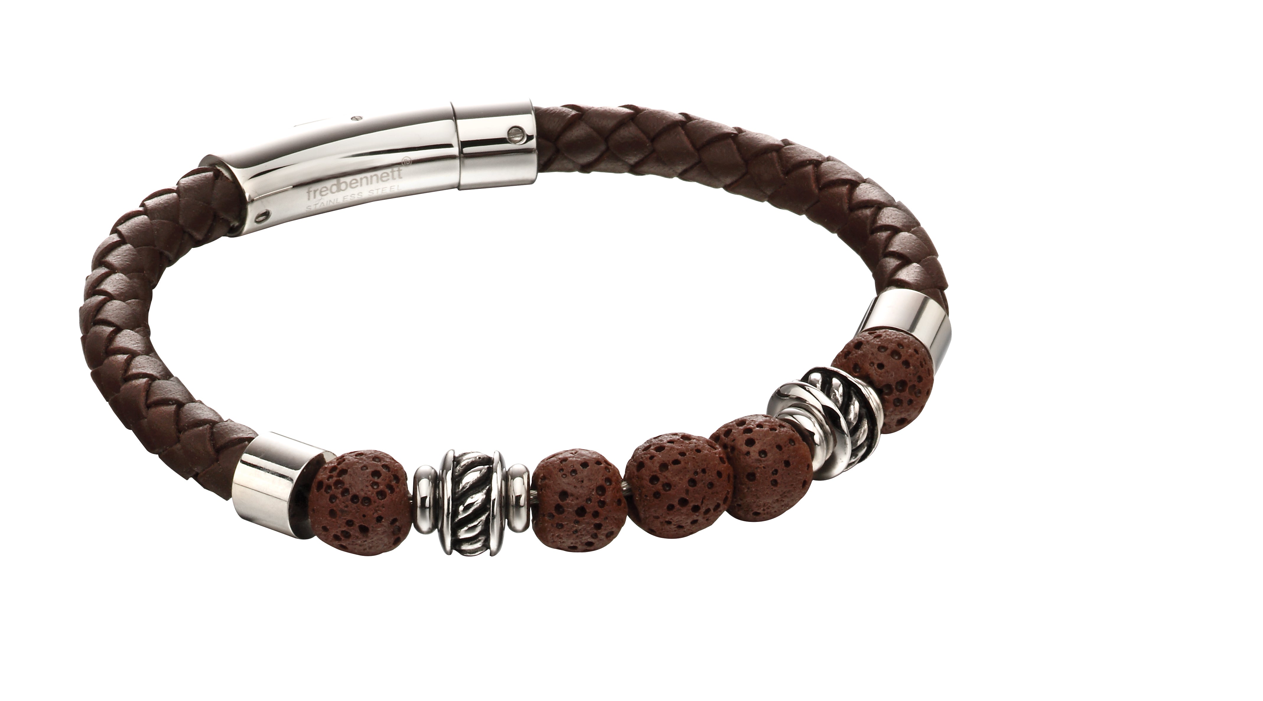 Stainless Steel & Brown Leather with Lava Stones Bracelet - FB0001 - Hallmark Jewellers Formby & The Jewellers Bench Widnes