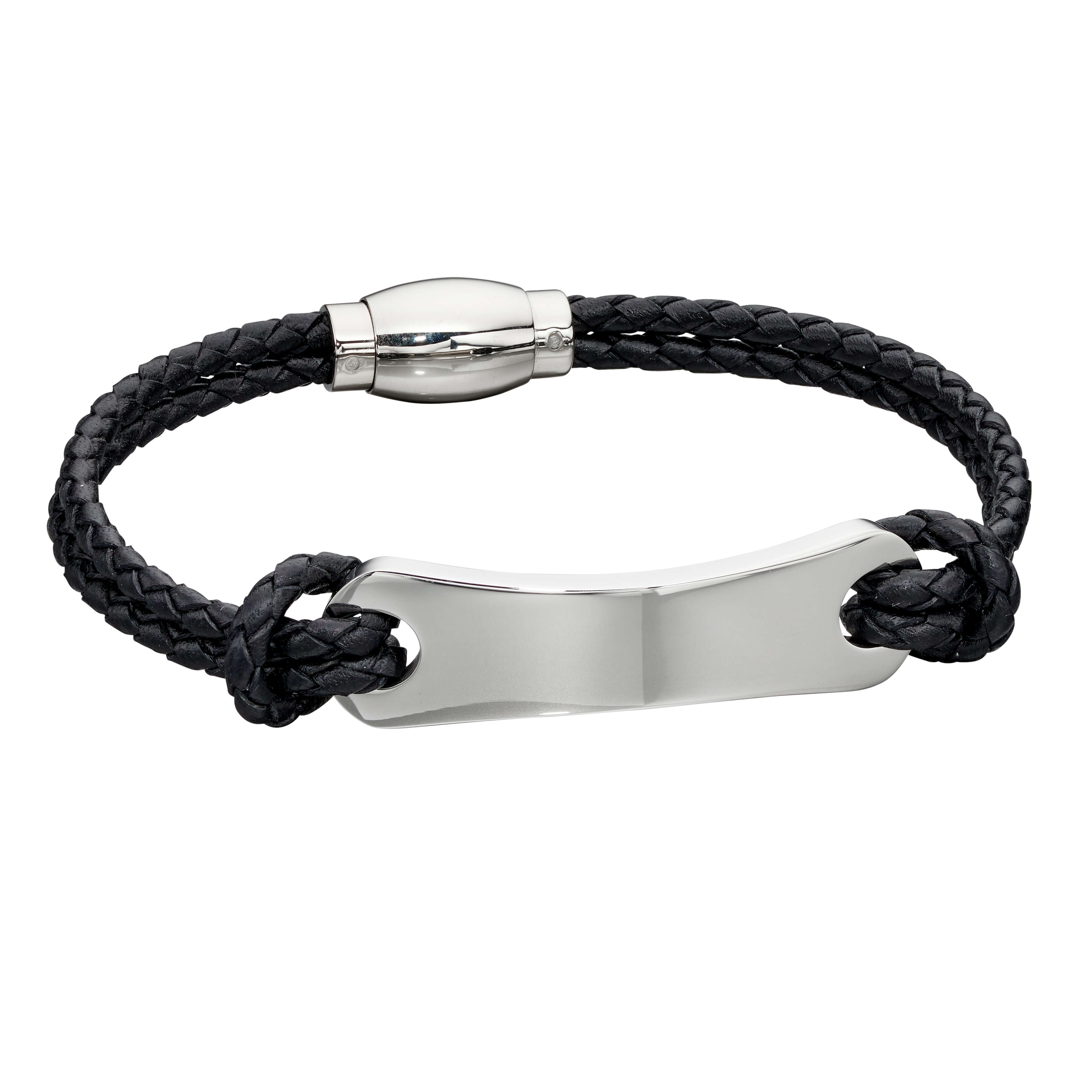 Stainless Steel & Black Woven Leather ID Bar Bracelet - FB0009 - Hallmark Jewellers Formby & The Jewellers Bench Widnes