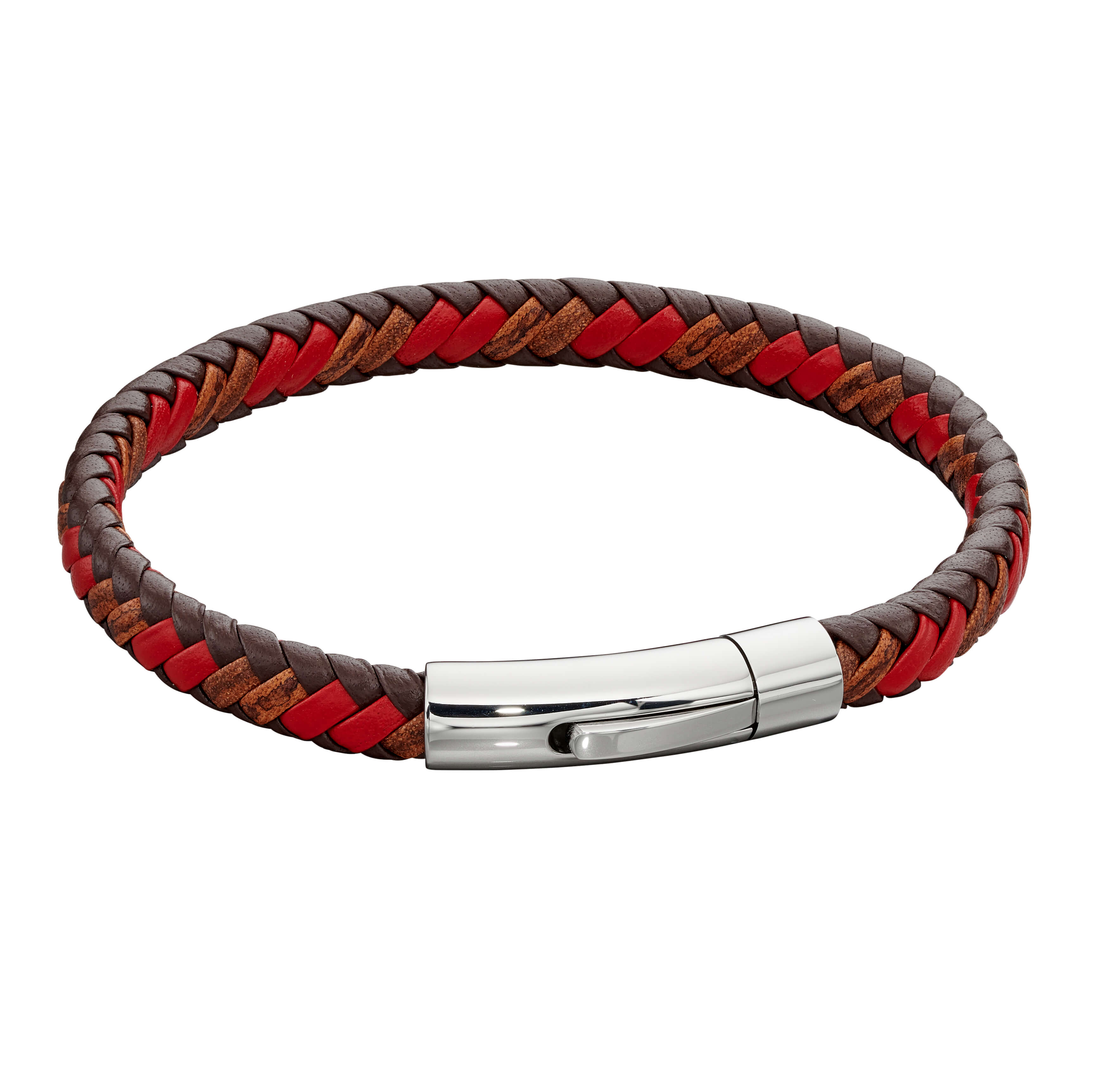 Stainless Steel & Red Woven Leather Bracelet - FB0014 - Hallmark Jewellers Formby & The Jewellers Bench Widnes