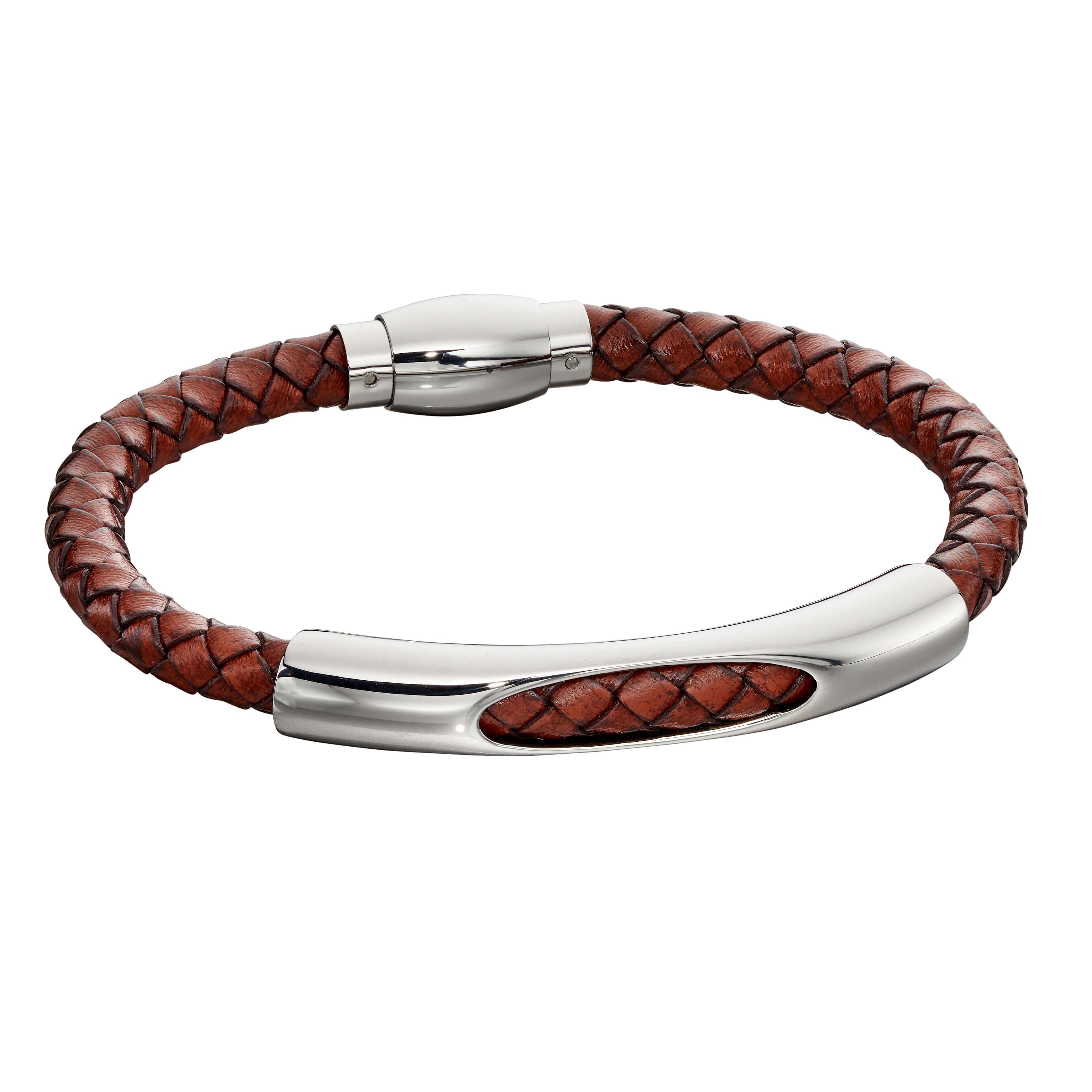 Stainless Steel & Brown Woven Leather Bracelet - FB0005 - Hallmark Jewellers Formby & The Jewellers Bench Widnes