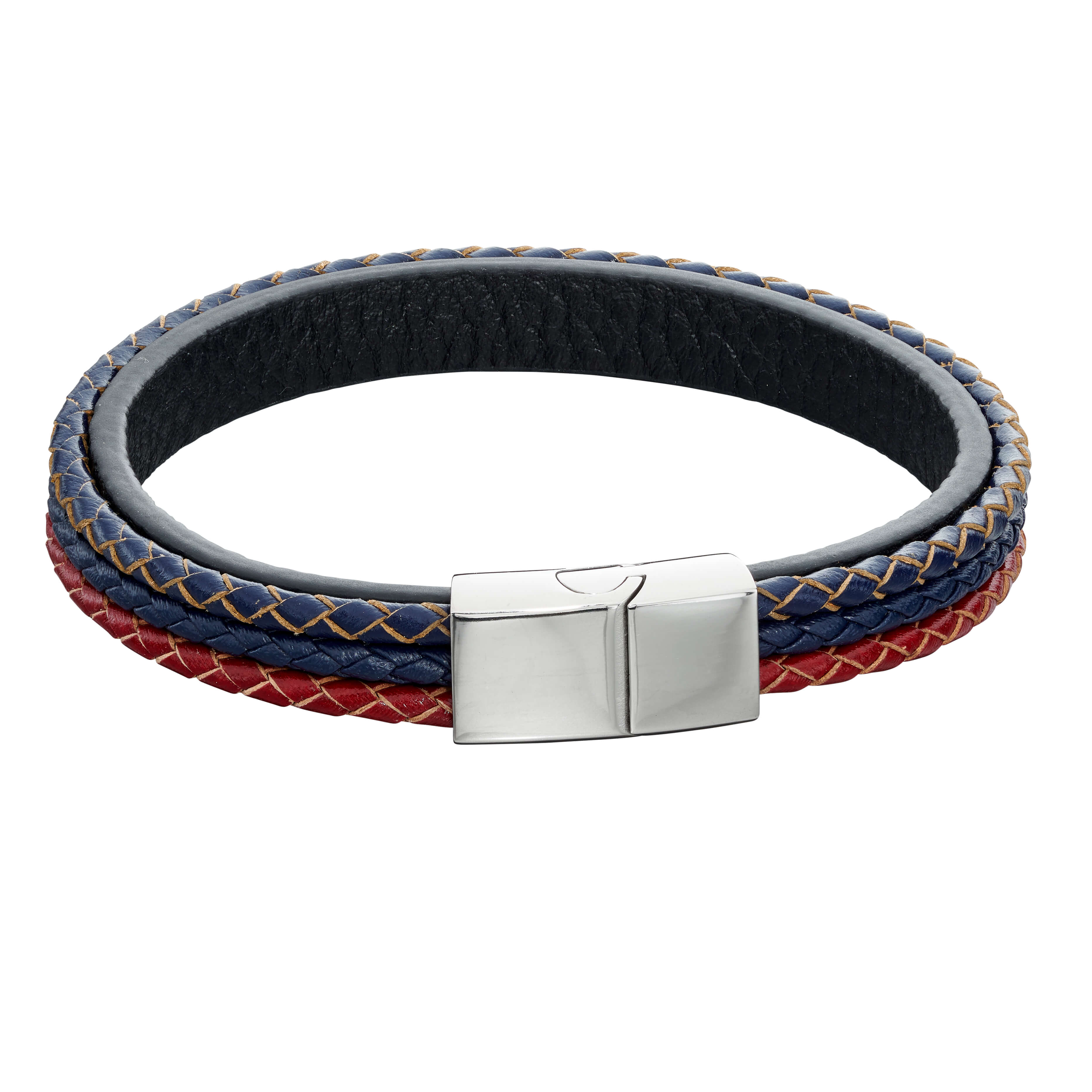 Stainless Steel with Blue, Red & Grey Woven Leather Bracelet - FB0008 - Hallmark Jewellers Formby & The Jewellers Bench Widnes