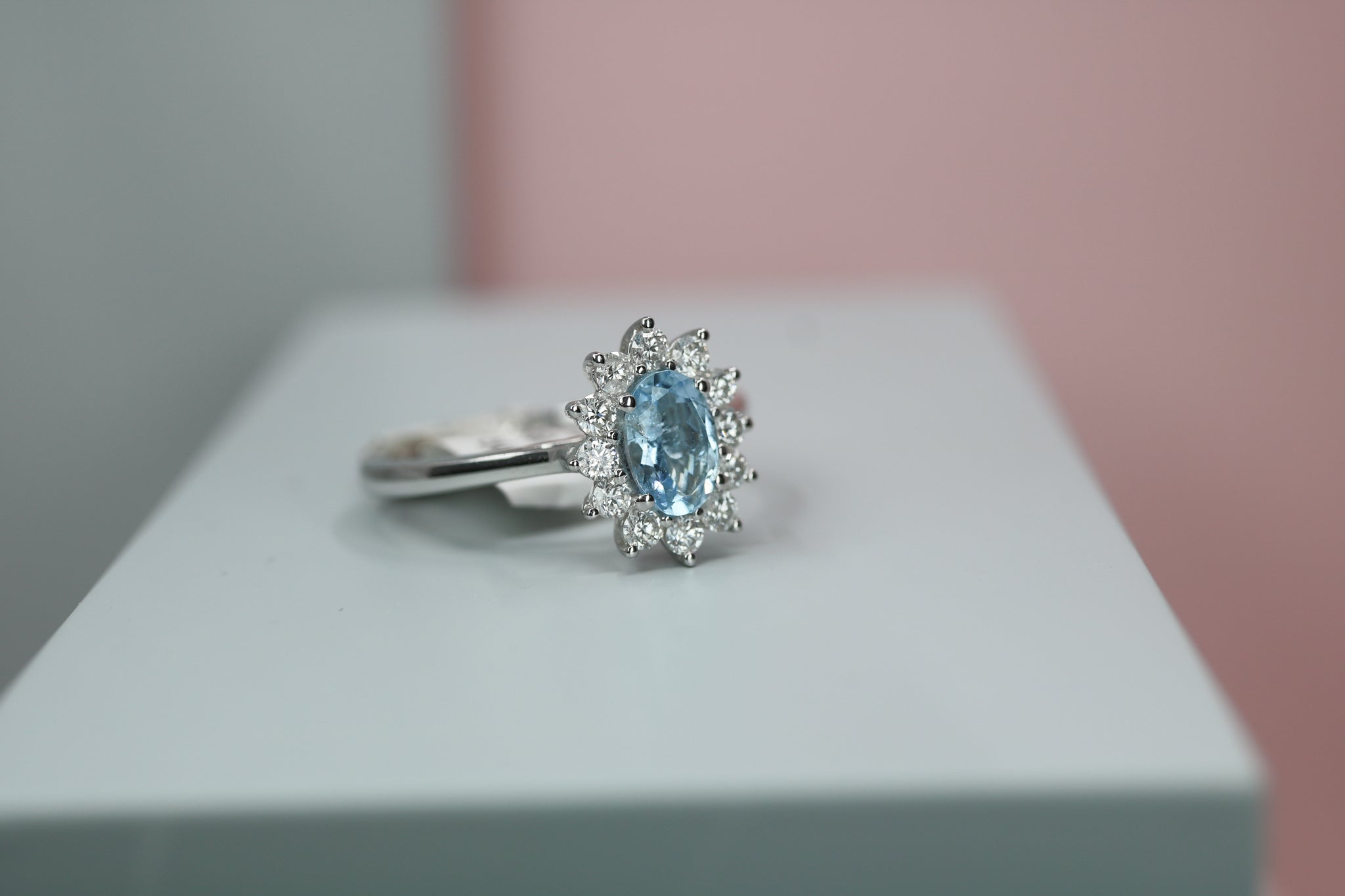 18ct White Gold Diamond & Aquamarine Cluster Ring - HJ2075 - Hallmark Jewellers Formby & The Jewellers Bench Widnes