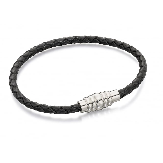 Stainless Steel Magnetic Clasp & Black Leather Bracelet - FB0018 - Hallmark Jewellers Formby & The Jewellers Bench Widnes