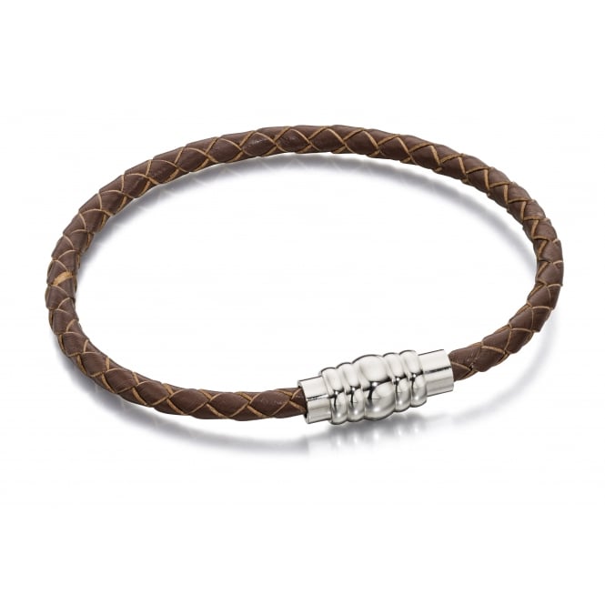 Stainless Steel Magnetic Clasp & Brown Leather Bracelet - FB0023 - Hallmark Jewellers Formby & The Jewellers Bench Widnes
