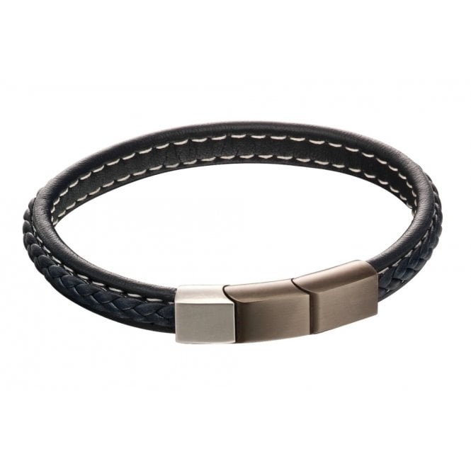 Stainless Steel & Navy Plaited Leather Bracelet - FB0027 - Hallmark Jewellers Formby & The Jewellers Bench Widnes