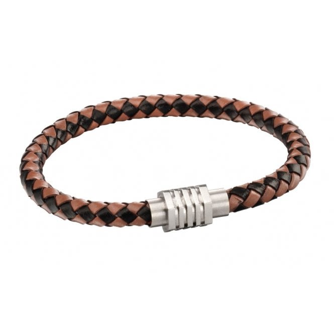 Stainless Steel & Brown Leather with Hexagon Clasp Bracelet - FB0021 - Hallmark Jewellers Formby & The Jewellers Bench Widnes