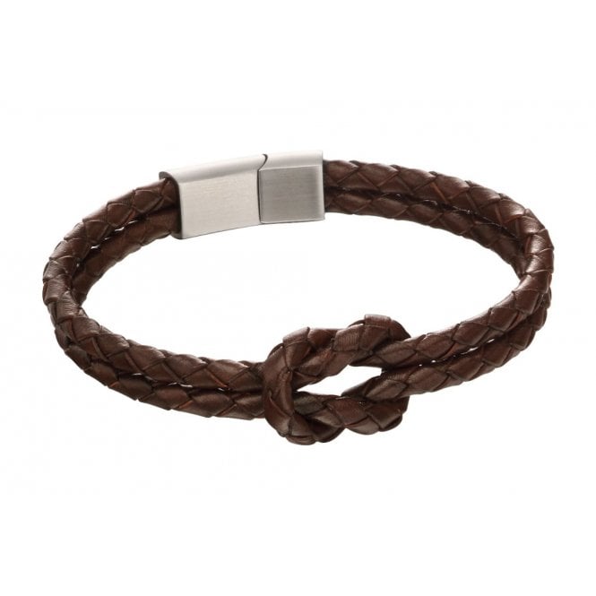 Stainless Steel & Brown Leather Double Row Knot Bracelet - FB0019 - Hallmark Jewellers Formby & The Jewellers Bench Widnes